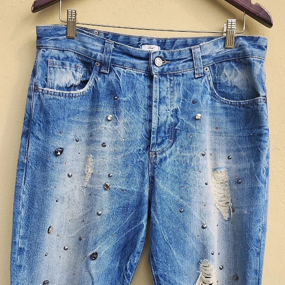Vtg Made In Italy Distressed Cropped Blue Jeans With Stone Adornments - Picture 3 of 12